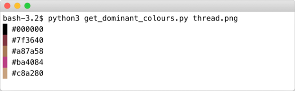 A terminal window running a Python script that prints five hex colours, and a solid block of colour to the left of each code.