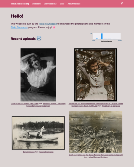 The homepage of the Commons Explorer, showing an introductory message and a 2-column grid of recent photos.